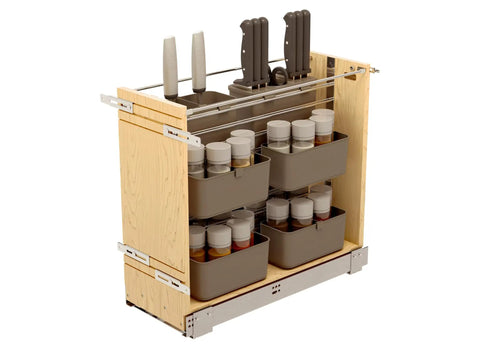 Wood Base Cabinet Pullout Organizer with Soft Close Modular Utensil Bin Knife Bin and Spice Bins includes wire frame Blum slides