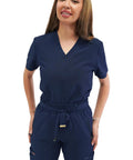 Womens Five Pocket V Neck Scrub Top For Medical Bosses Straight Fire Navy Nursing Uniform featuring relaxed stretch fabric and short sleeves.