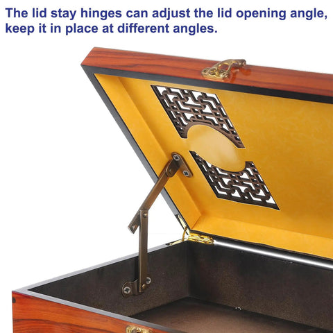 Two Pack Brass Lid Support Hinges For Cabinets 3 By 2 Inch Gold Tone installed on a wooden box lid, showing hinge functionality.