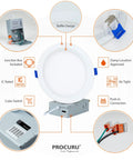 Detailed view of Six Pack 6 Inch Color Selectable LED Recessed Downlights, Ultra Thin Baffle, Dimmable 2700K To 6000K, White Trim with J Box.