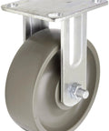 Hella Tough Kingpinless Plate Caster With Five Inch Nylatron Wheels And Fifteen Hundred Lbs Capacity Smooth Rolling Ball Bearings Zinc Coated Steel, single grey wheel.