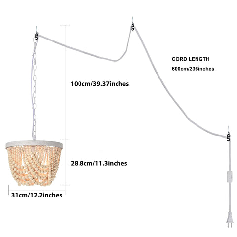Plug In Wood Beaded Chandelier With 20 Foot Hanging Cord 3 Light Boho Farmhouse Ceiling Fixture For Bedrooms Rustic White Metal Finish