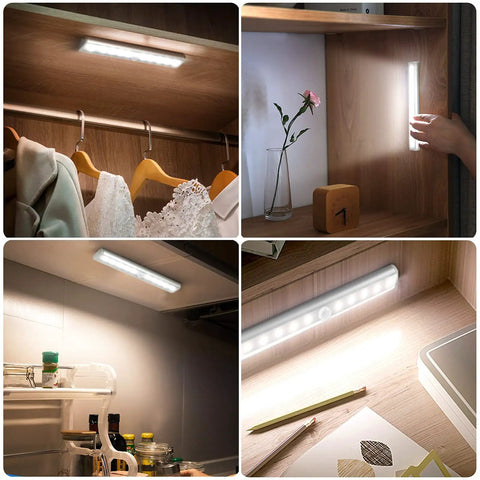 Battery Operated Motion Sensor Light For Indoor Use, Magnetic Under Cabinet Strip, Cool White Two Pack shown in closets and kitchens