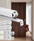 Heavy Duty Aluminum Sliding Door Hardware Kit Featuring Rock Solid Dual Roller Wheels For Closet Or Barn Doors Adjustable Cuttable Ceiling Track With No Sweat Installation showcasing rollers and track parts.