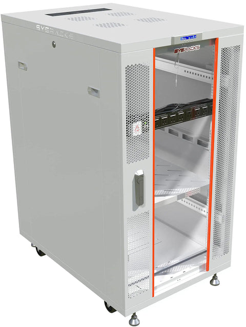 Heavy Duty 22U Floor Standing Server Rack In Sleek Gray With 35 Inch Deep Network Cabinet bay showcasing removable side panels and secured glass door.