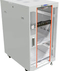 Boss Level 27U Floor Stand Server Rack In Cool Gray, 35 Inch Deep Network Cabinet with locking glass door and removable panels.