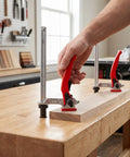 One Hand Ratchet Bench Dog Clamp For Woodworking, Five Eighths Inch Grab And Go Hold Down Clamp for workbench securing wood piece