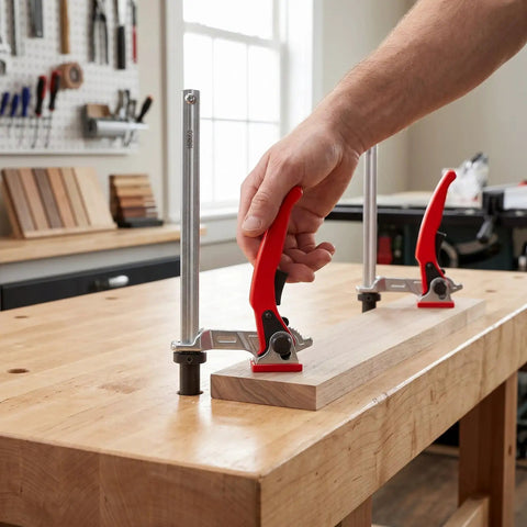 One Hand Ratchet Bench Dog Clamp For Woodworking, Five Eighths Inch Grab And Go Hold Down Clamp for workbench securing wood piece