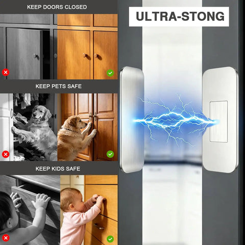 8 Pack Ultra Thin No Drill Magnetic Cabinet Door Catches With Invisible Adhesive Tape For Kitchen Cupboard And Bathroom Drawer Hardware That Looks Clean And Super Easy To Install Without Any Tools Needed Today, showing usage for kids and pets.