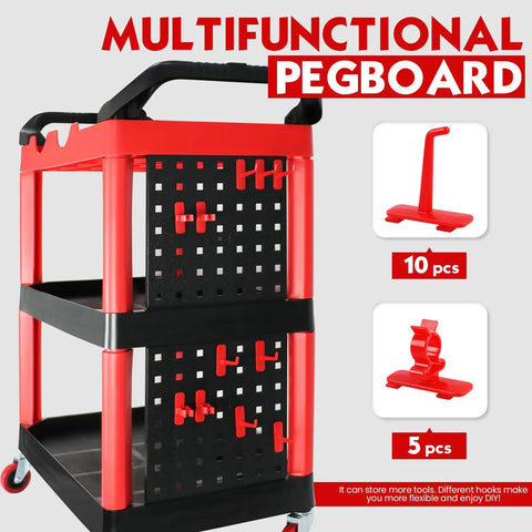 Auto Detailing Cart With Wheels, 3 Tier Car Wash Organizer With Hanging Boards And Hooks, Heavy Duty ABS Construction