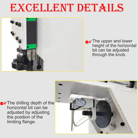 Pneumatic Hole Drilling Machine For Woodworking With adjustable horizontal bit for precise drilling depth and height control.