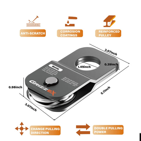 Rugged Heavy Duty Winch Snatch Block For Off Road Recovery, 10,500 Lbs Working Load Limit, steel details, gray dimensions.