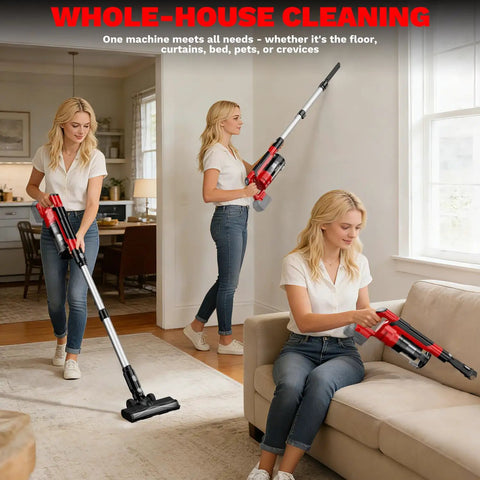Person using M18 Battery Compatible Cordless Vacuum Cleaner 8 In 1 Stick Vac With Pet Brush on carpet and upholstery