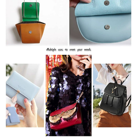 Collage of purses and bags with 20 Set Bronze 14mm Magnetic Snaps Kit For Purses And Bags With 1 Male Snap 1 Female Snap And 2 Washers Per Set.