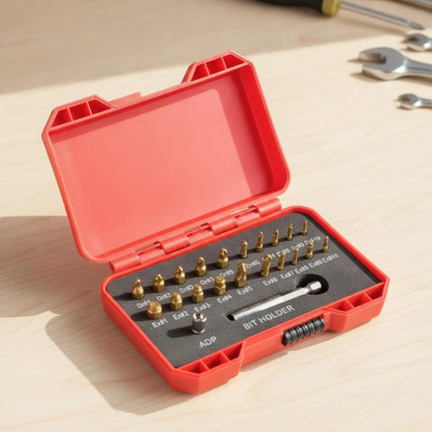 MotiveTech Heavy Duty HSS Screw Extractor Kit For Handymen With Gold And Silver Broken Bolt Remover Tools Compact Small Adapter For Garage Or Glove Compartment, red case open