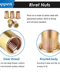 Rivet Nut Tool Kit With 4 Mandrels M5 M6 10-24 1/4-20 And 420 Rivet Nuts, showing clear thread and knurled body detail