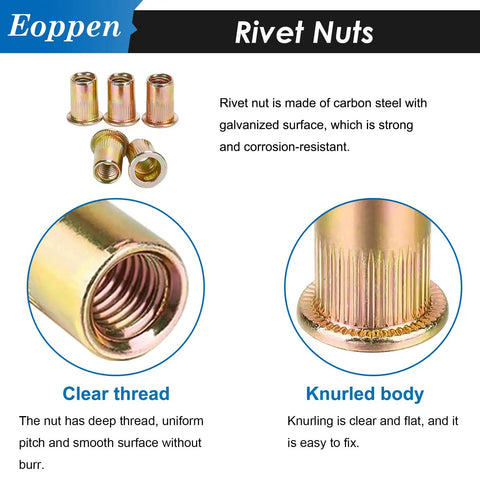 Rivet Nut Tool Kit With 4 Mandrels M5 M6 10-24 1/4-20 And 420 Rivet Nuts, showing clear thread and knurled body detail