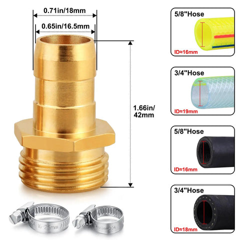 Garden Hose Repair Fittings With Clamps Pro Grade Heavy Duty Fits Three Quarter Inch Or Five Eighth Inch Brass Male Thread Hose Connector Water Hose Repair Replacement Coupling Kit Two Pack shown with dimensions and clamp size description