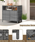 Rattan Storage Cabinet With Acacia Wood Countertop For Patio Or Garden, open shelf and double door cabinet in mixed gray on patio