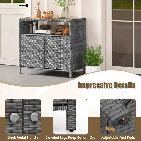 Rattan Storage Cabinet With Acacia Wood Countertop For Patio Or Garden, open shelf and double door cabinet in mixed gray on patio