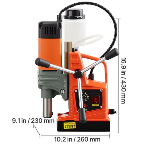 Job Site Ready 1400W Magnetic Drill Press With Two Inch Boring Range And Smooth Variable Zero Through Eight Hundred Rpm Control Paired With Rock Solid Hold Base Plus Weldon Shank For Steel Tasks, side view with dimensions.