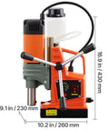 Heavy Hitter 1400W Magnetic Drill Press side view showcasing dimensions and controls for precision drilling on hard steel.