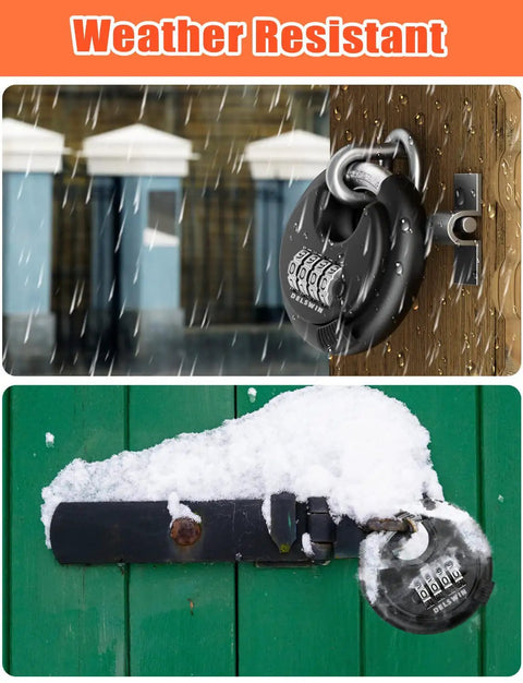 4 Digit Disc Padlock With Hardened Steel Shackle for Sheds Storage Units Gym Lockers and Fences in rain and snow conditions