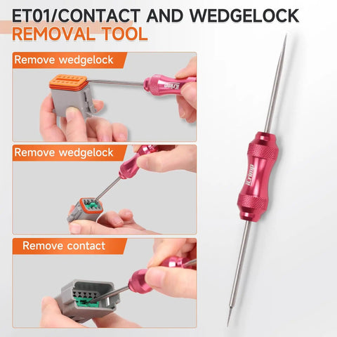 Hands using Pro Grade All In One Closed Barrel Crimp Tool Kit For Weather Pack And Deutsch DT Connectors, 12 Piece Removal And Crimping Set For Stamped Contacts, IWD 16 And IWD 12 Compatible, Auto Harness Wiring Tool to remove wedgelock.