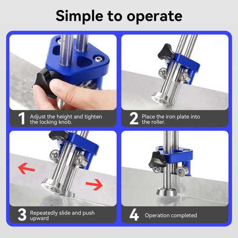 Pro Grade 1 Station Sheet Metal Roller Bender operation steps showing height adjustment, iron plate insertion, sliding, and completion.