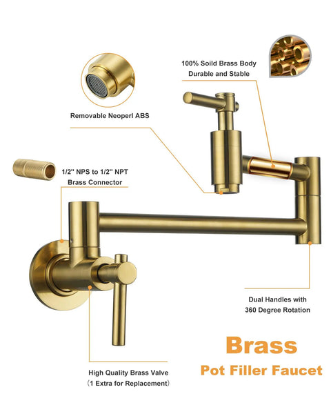 Gold Brass Pot Filler Faucet With Two Handles Wall Mount Single Hole Stretchable Swing Arm Double Joint Above Stove Lead Free
