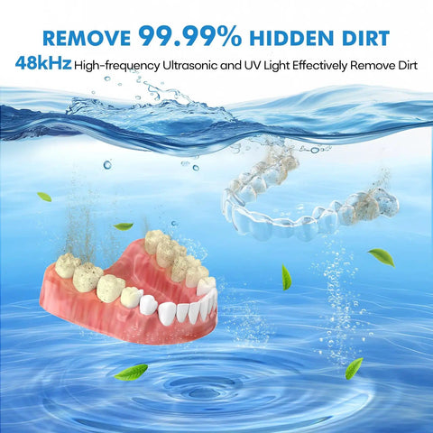 Illustration of 48kHz Ultrasonic Retainer Cleaner For Dentures Mouth Guards Braces Aligners 200ML Capacity Deep Clean bubbles