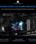 Wonder Vision 360 Turbo ARGB Black CPU Water Cooler with 6.67-inch 3D curved screen visible inside a gaming PC setup