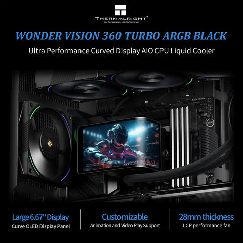 Wonder Vision 360 Turbo ARGB Black CPU Water Cooler with 6.67-inch 3D curved screen visible inside a gaming PC setup