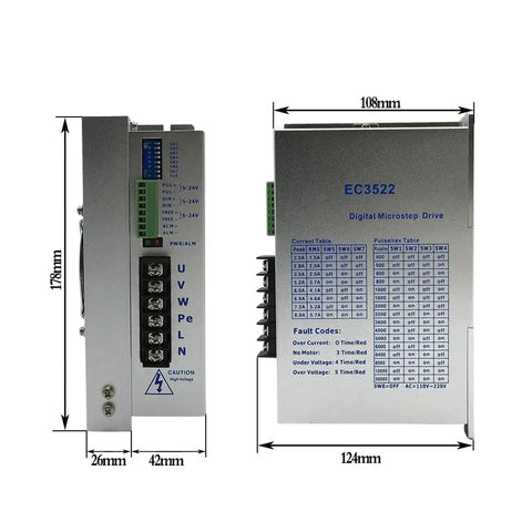 Stepper Motor and EC3522 Drive Kit For High Torque CNC Projects, 3 Phase 4.5A Driver, 86mm Body, 14mm Shaft, 110 to 220V AC Power, 4.5 to 12 Nm Torque, 1 Piece Pack, Plug and Play Ready to Roll, side and front view with dimensions