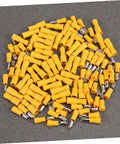 Insulated Wire Crimp Connector Kit With 50 Male And 50 Female Quick Disconnects For Electrical Wiring And Automotive Projects, Sealed, Plastic Case, Color Yellow, Easy Access And Reliable Connection.