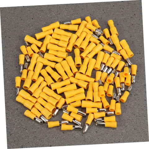 Insulated Wire Crimp Connector Kit With 50 Male And 50 Female Quick Disconnects For Electrical Wiring And Automotive Projects, Sealed, Plastic Case, Color Yellow, Easy Access And Reliable Connection.