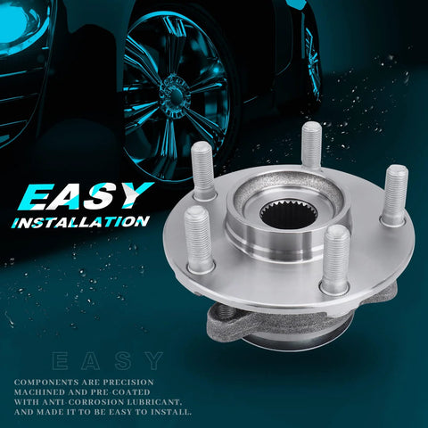 Front view of front wheel bearing hub assembly for Nissan Rogue 2008 2013 and Nissan Rogue Select 2014 plus Sentra two point five liter four cylinder 2007 2012 with five lug and ABS affordable replacement part for easy install smooth ride and reliable performance