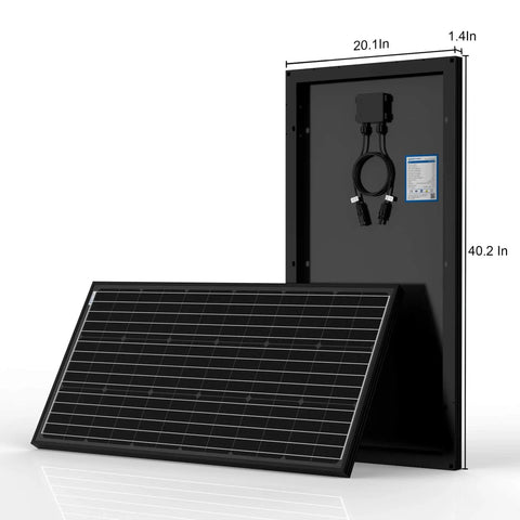 100W 12V Monocrystalline Solar Panel For Off Grid Power, IP67 Waterproof And Ultra Lightweight, angled view with dimensions and connectors
