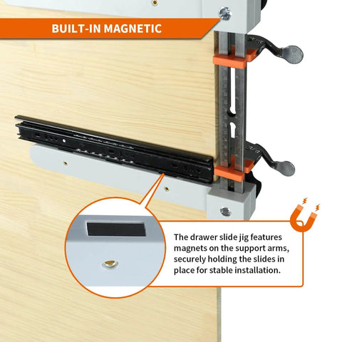 Drawer Slide Jig With Toggle Clamp And Magnetic Arm For Precise Cabinet Installations Laser Engraved Dual Scale Marks