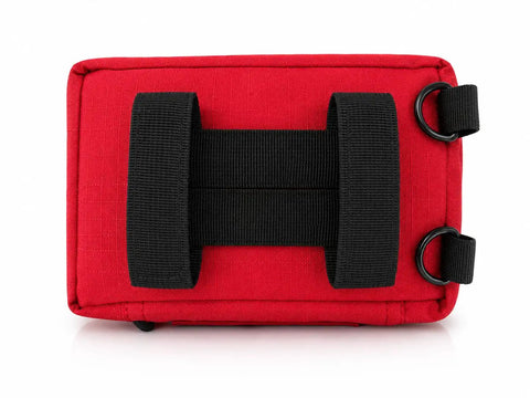 Back view of red 164 Piece Outdoor Adventure First Aid Kit With Color Coded Supplies For Camping Hiking Road Trips And Car Survival Gear ANSI