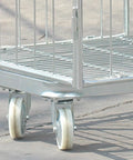 Open Frame Wire Mesh Rolling Cage Cart For Ventilated Transport And Logistics, Heavy Duty Dolly With Easy Mobility, Ideal For Textiles, Fresh Produce, And Warehousing Goods close-up of caster wheels