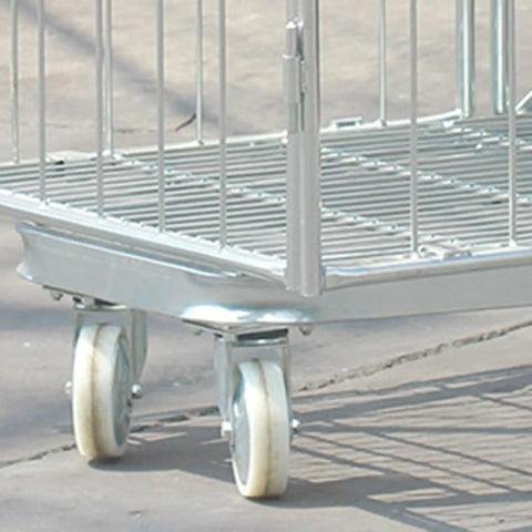 Open Frame Wire Mesh Rolling Cage Cart For Ventilated Transport And Logistics, Heavy Duty Dolly With Easy Mobility, Ideal For Textiles, Fresh Produce, And Warehousing Goods close-up of caster wheels