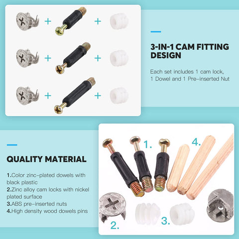 Furniture Connecting Hardware Kit With Cam Locks Dowel Pins And Pre Inserted Nuts And Screws 120 Piece display