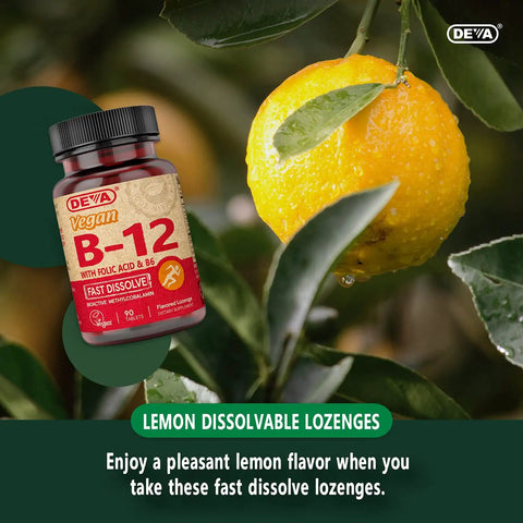 High Potency Vegan B12 Tablets With Folic Acid and B6 For Steady Energy And Brain Boost Fast Dissolving Tabs 90 count bottle with lemon.
