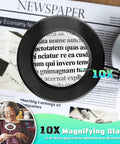 10X Lighted Magnifying Glass With Clip On Mount 48 LED Desk Magnifier showing text magnification on newspaper