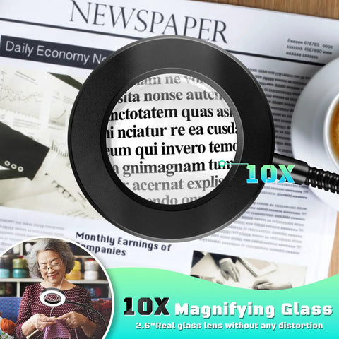 10X Lighted Magnifying Glass With Clip On Mount 48 LED Desk Magnifier showing text magnification on newspaper