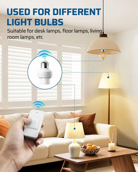 Living room scene with Remote Control Light Socket With 100 Ft Range for pull chain fixtures, shown in use with floor lamps.