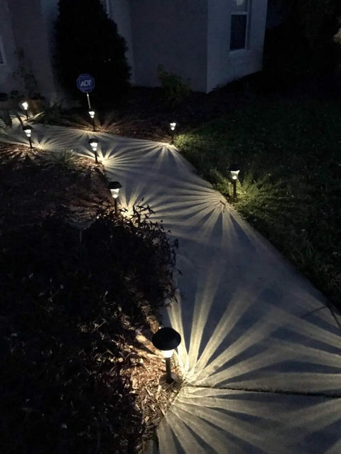 Sweet 6 Pack Silver Solar Path Lights With Glass Lens And Metal Ground Stakes, illuminating a walkway at night.