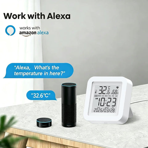 Real Time WiFi Temperature Humidity Monitor With App Alerts And Alexa Control For Home Garage Wine Cellar And Greenhouse 2.4GHz WiFi Only TUYA Sensor Hygrometer Real Time Readings Push Alerts Alexa Compatible, white LCD