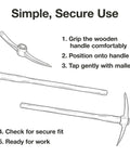 Diagram showing assembly of Beefy Wooden Pickaxe And Mattock Handle 35 Inch 900mm Kiln Dried Beech for secure fit and use